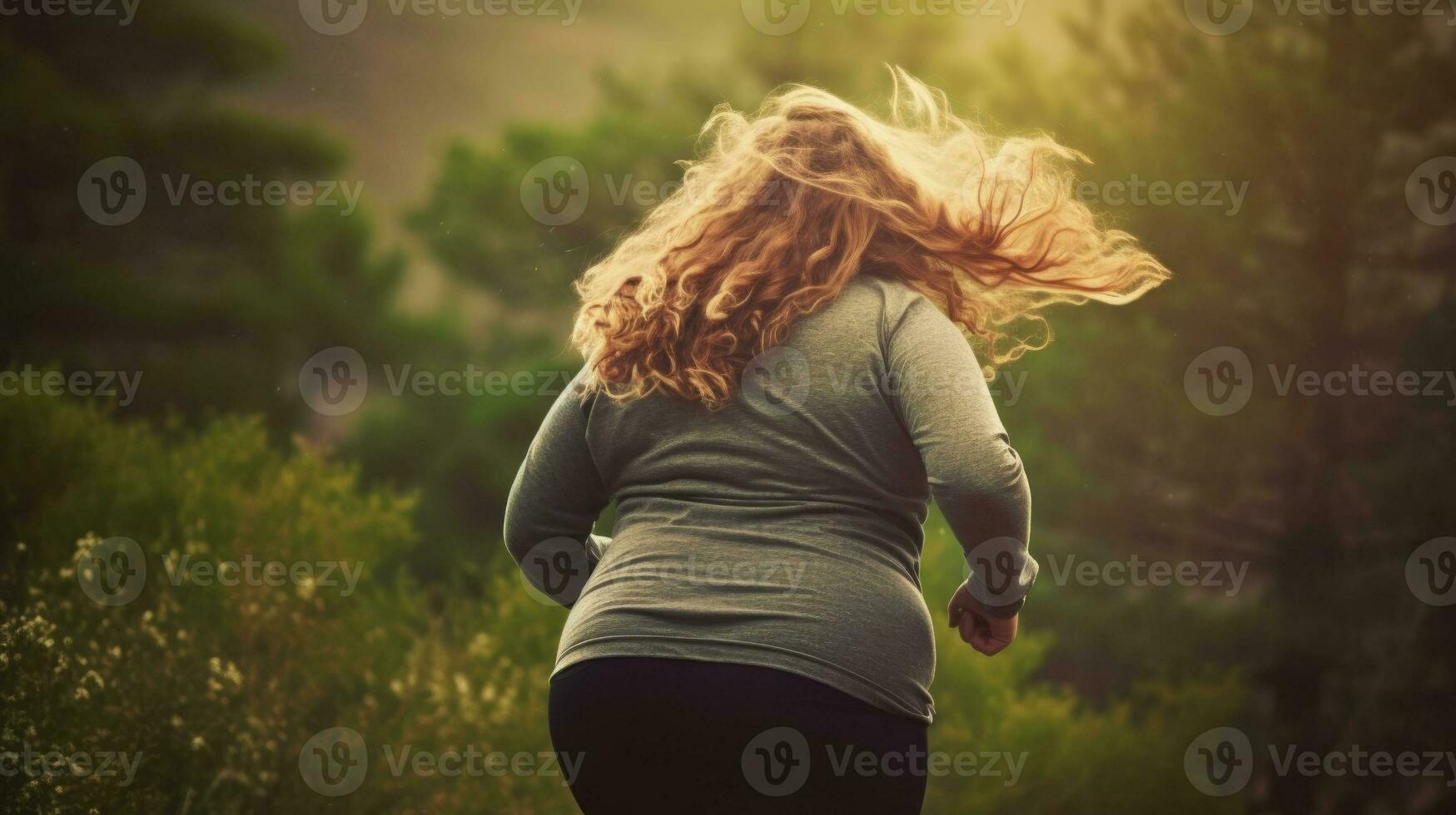 A plump woman with red hair runs along the road in the street. Sport and weight loss concept. Generative AI photo