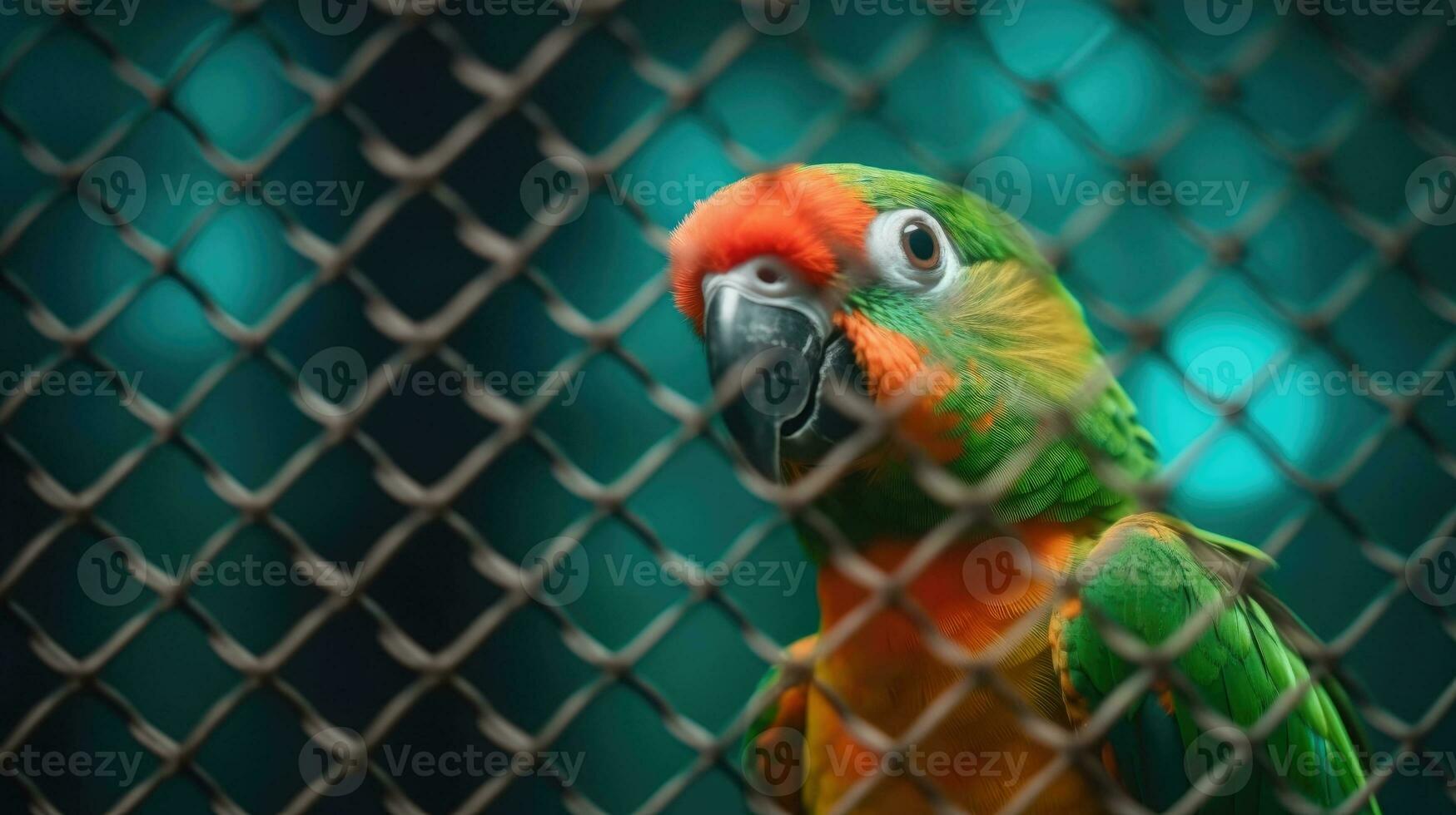 A beautiful parrot sits behind a fence in a zoo. Generative AI photo