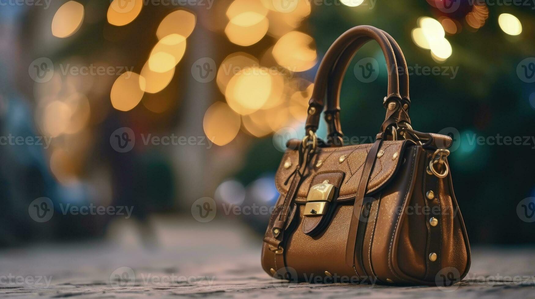 Women's bag on the background of Christmas blur lights. Place for text. Hand bag gift for christmas. Generative AI photo