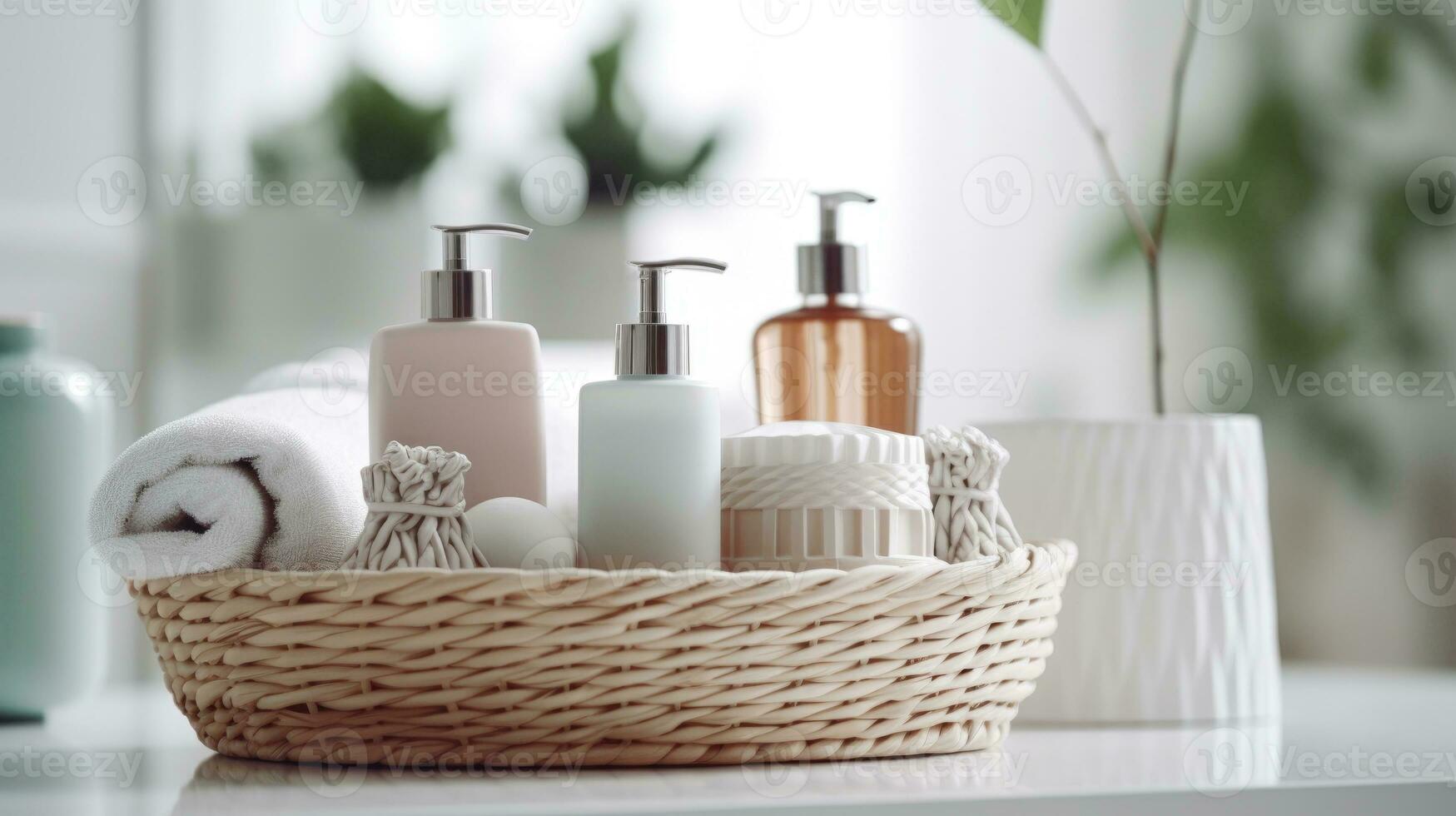 cesta con dispensadores de líquido jabón y ducha gel. organización de  espacio en el baño. 30413379 Foto de stock en Vecteezy