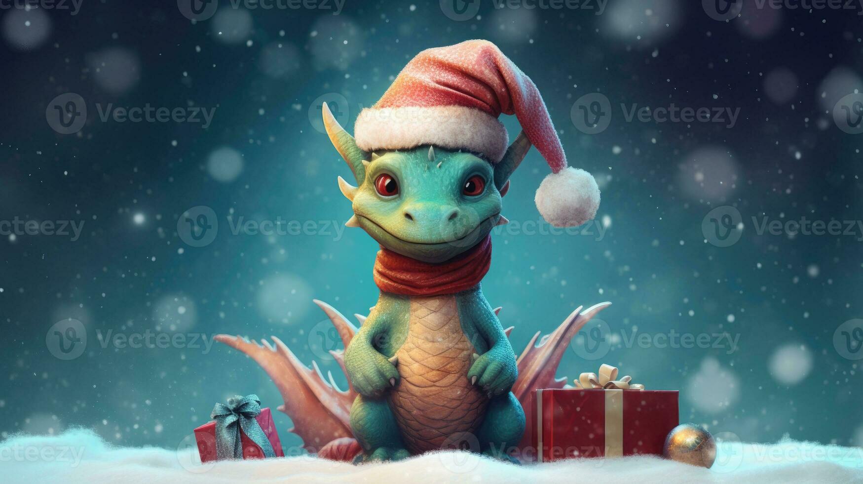 Dragon in the santa hat on blue christmas background. Place for text. Symbol of 2024. Chinese New Year. Generative AI photo