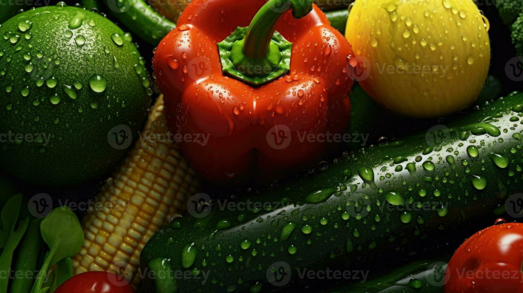 Background of fresh vegetables tomatoes, corn, red pepper, zucchini and lime. The concept of vegetarianism and healthy eating. photo