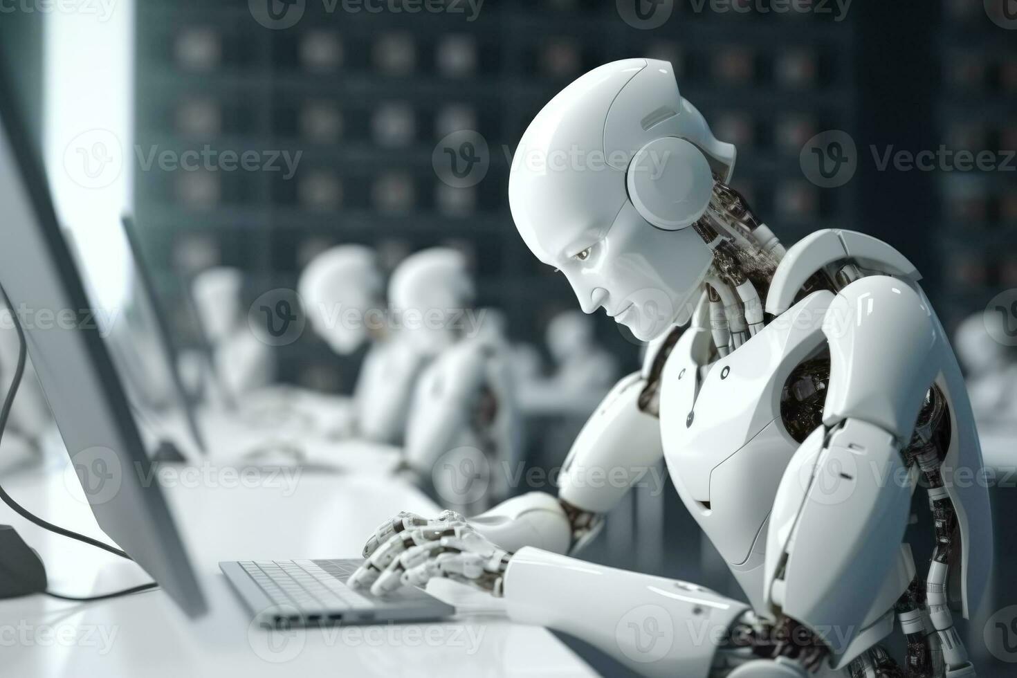 White robots sit in offices and work at a laptop. Replacing human jobs with robots. photo