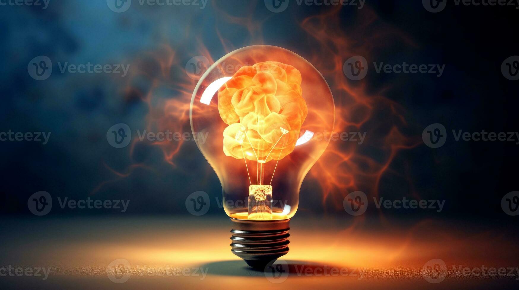Light bulb with human brain inside on dark background. Generative AI photo