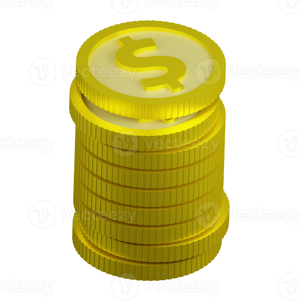 3D rendering of shiny stack of gold coins with sign of American dollar. Symbol of Success, wealth, income. Realistic PNG illustration isolated on transparent background