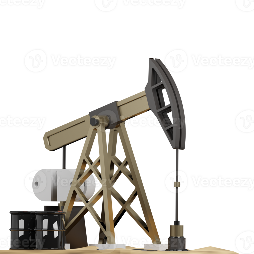 3D rendering of oil rig extracting liquid oil from well in developed field front view. Environmental pollution problem. Realistic PNG illustration isolated on transparent background