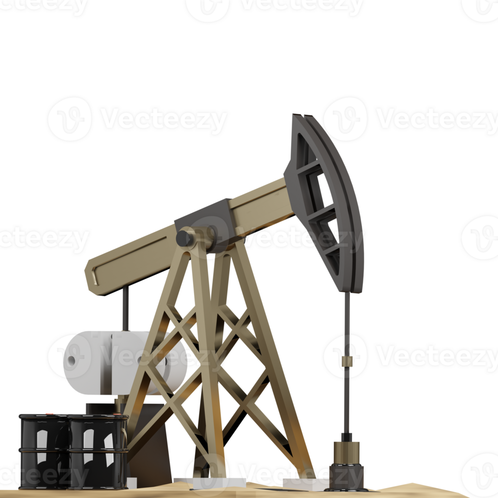 3D rendering of oil rig extracting liquid oil from well in developed field front view. Environmental pollution problem. Realistic PNG illustration isolated on transparent background