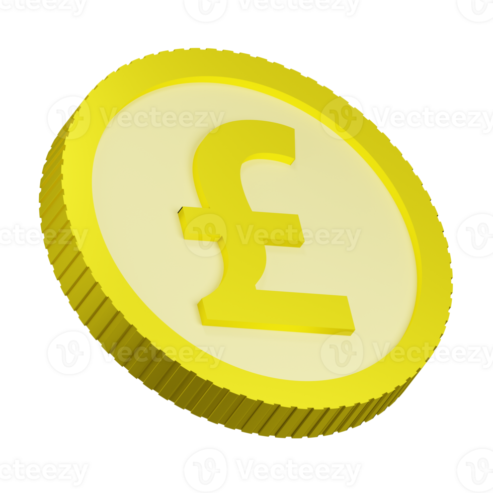 3D rendering of gold British pound coin with sign of British currency. Symbol of Success, wealth, income. Realistic PNG illustration isolated on transparent background