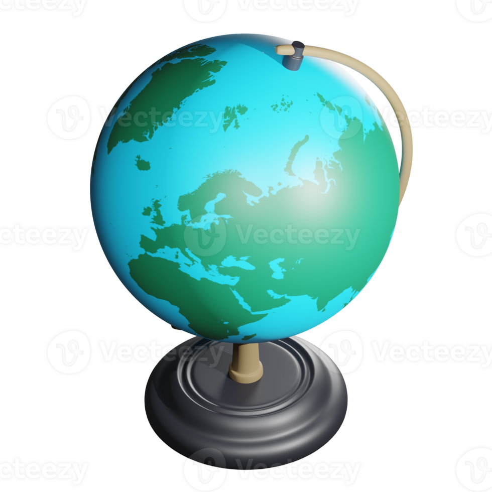 3d tolkning av isometrisk skola klot på trä- stå. studerar geografi av länder och kontinenter på skola. realistisk png illustration isolerat på transparent bakgrund