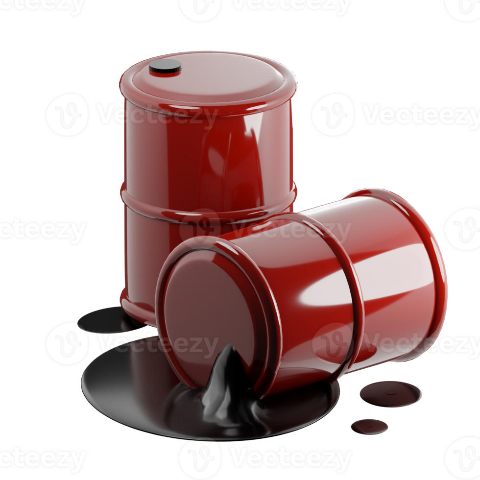 3d representación de isométrica rojo metal barriles con petróleo productos contaminación de ambiente con residuos de petróleo refinando y químico industria. realista png ilustración aislado en transparente antecedentes