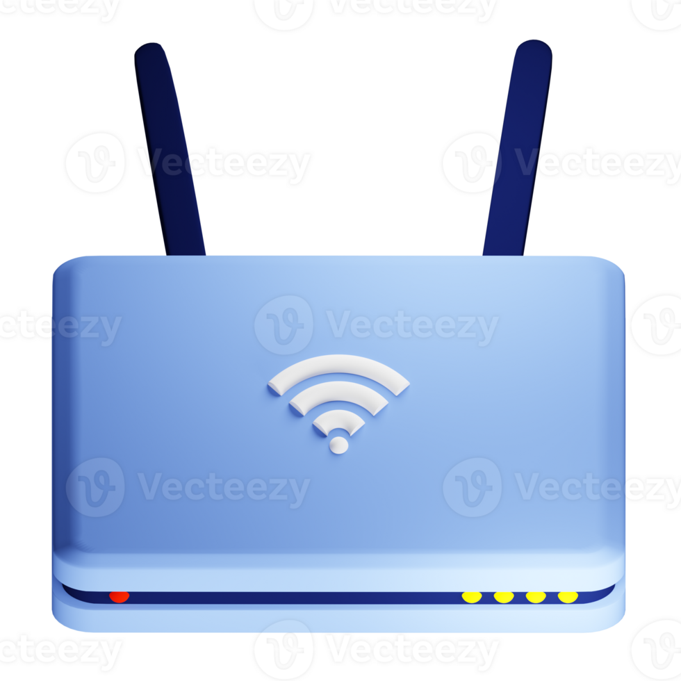 3D rendering of modern wireless wifi router top view. Transmission of communication signal in apartment and office network. Realistic PNG illustration isolated on transparent background