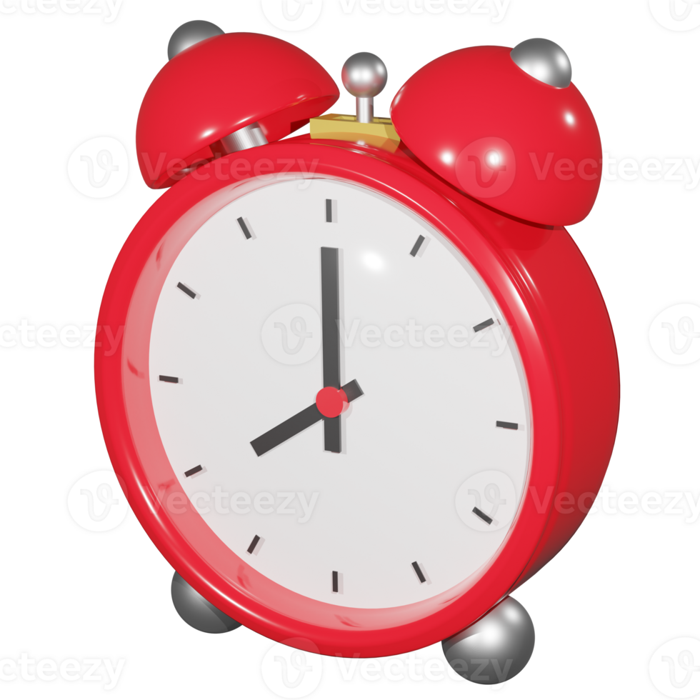 3D rendering of red mechanical alarm clock with hour and minute hand. Wake up watch lifestyle, punctuality. Realistic PNG illustration isolated on transparent background