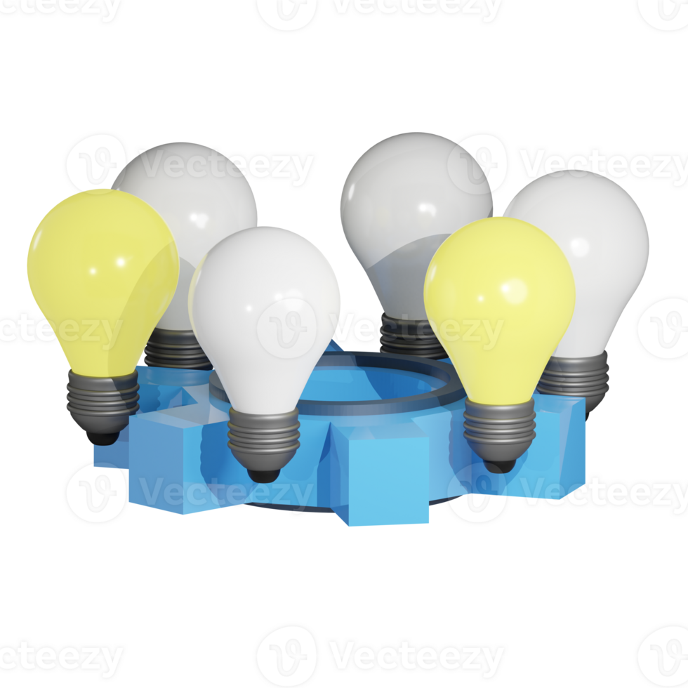 3D rendering of Light bulb business meeting business meeting at gear mechanism table. Teamwork, brainstorming, startup team. Realistic PNG illustration isolated on transparent background