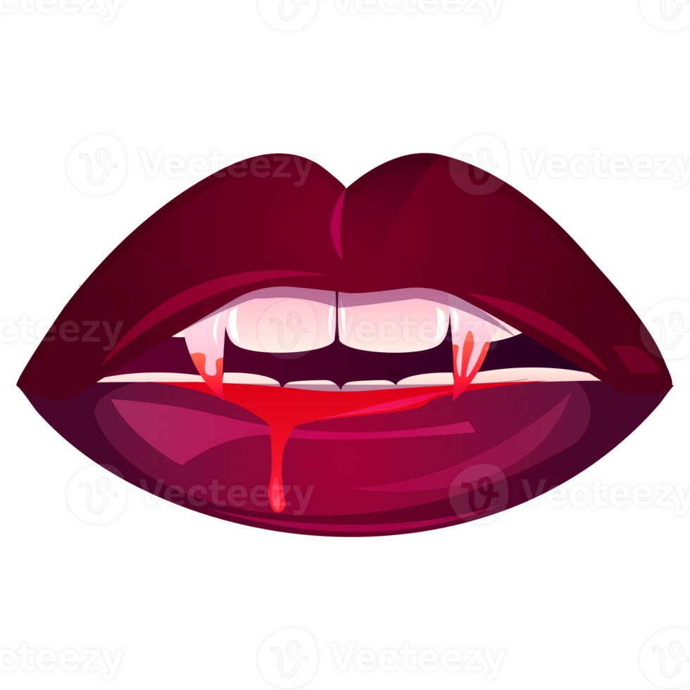 Halloween vampire lips cartoon illustration. Teeth with blood. Decoration for Halloween or witchcraft game. png