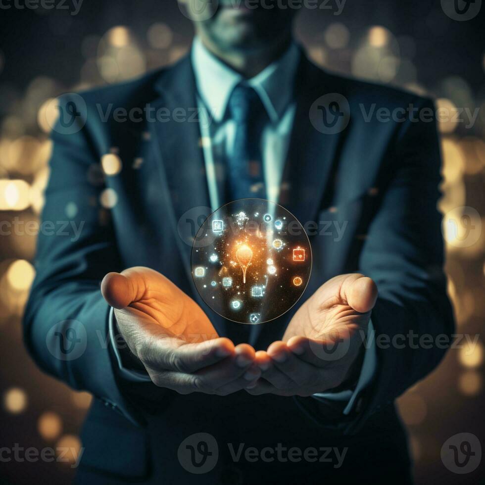 Business man holding Technology process system, media screen, network connection, artificial intelligence, innovation and futuristic. Process System, AI Generated photo