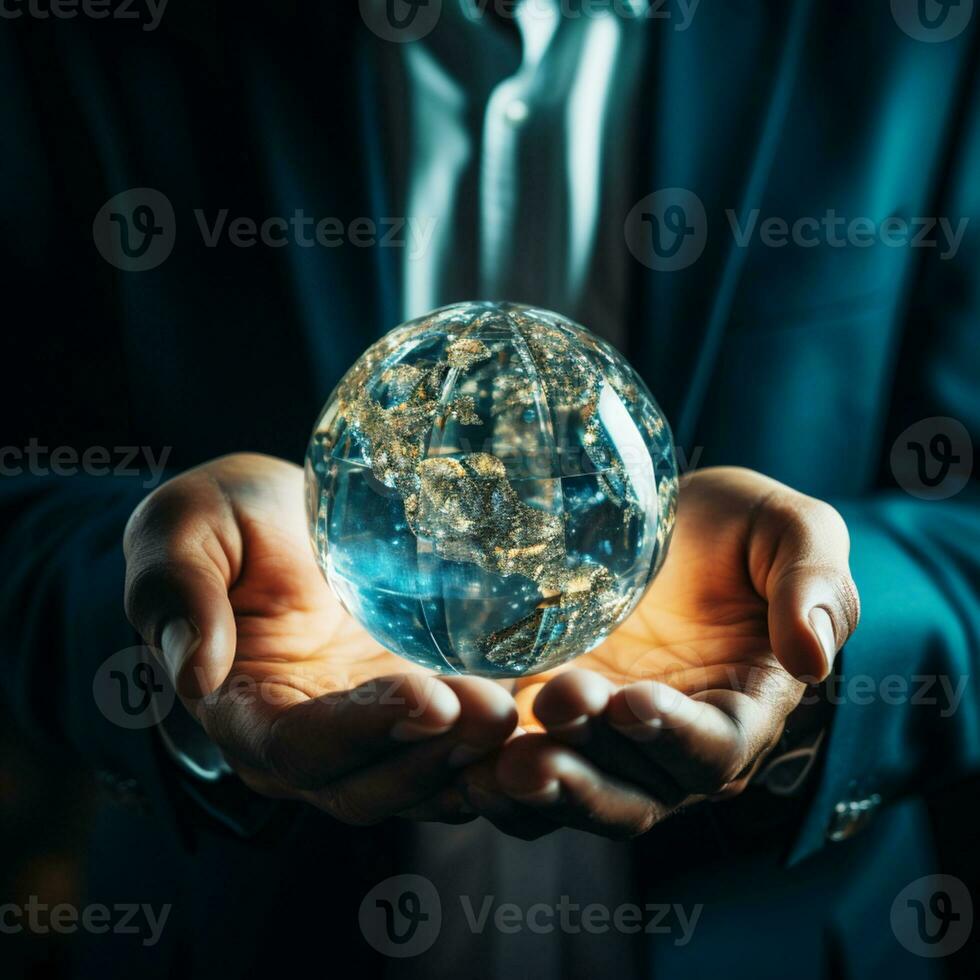 Business man holding crystal globe, Technology, network connection, artificial intelligence, innovation and futuristic. Process System, AI Generated photo