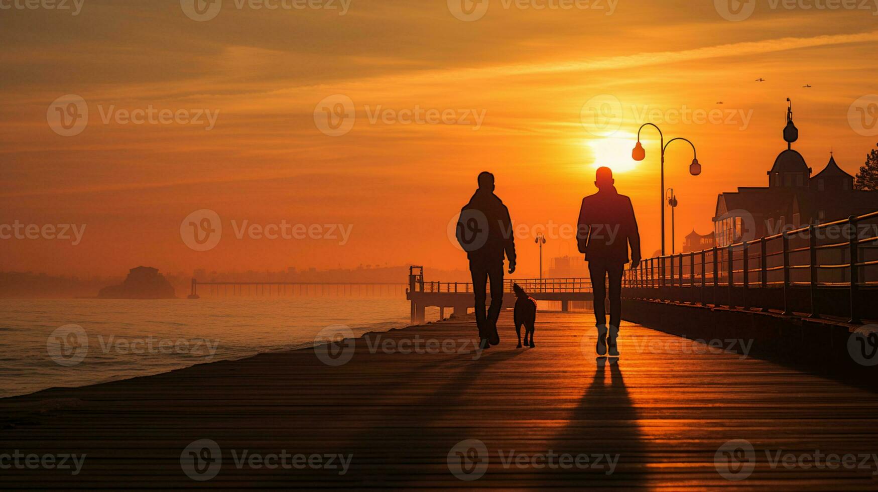 Photograph-silhouette of a man walking his dog on the pier, golden hour, AI Generated photo