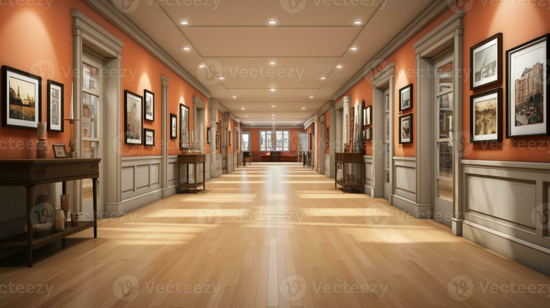 End of a long hallway Interior design, liminal space, hyper-realistic, AI Generated photo