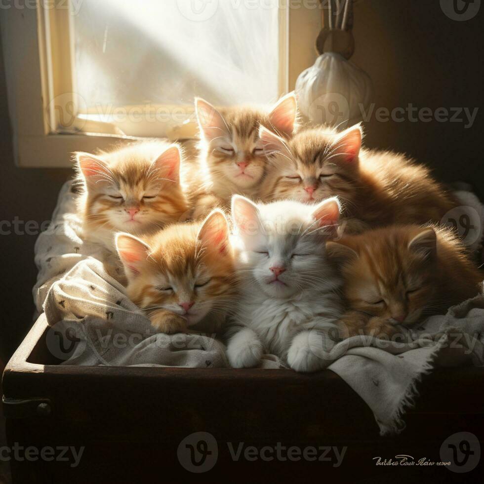 peacefully sleeping baby cat, cozy cute kitten napping, AI Generative photo