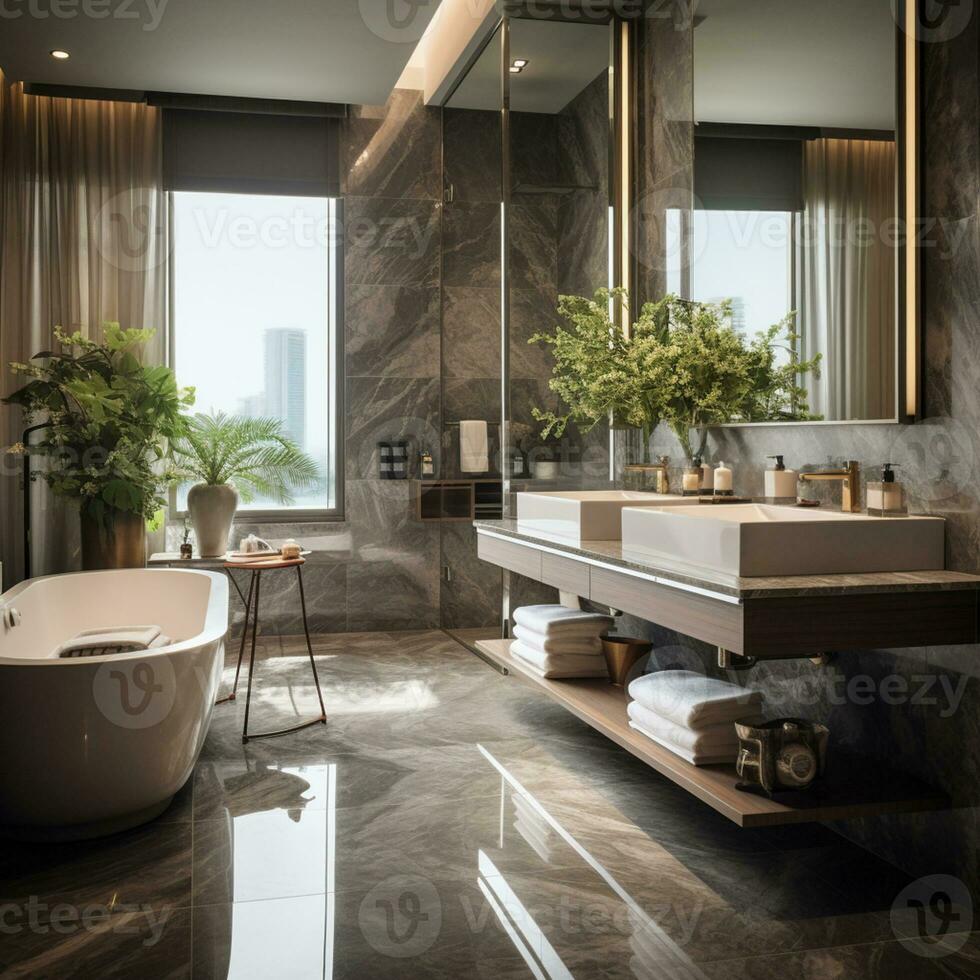 Interior Design of a spacious Modern Luxury Bathroom, AI Generative photo