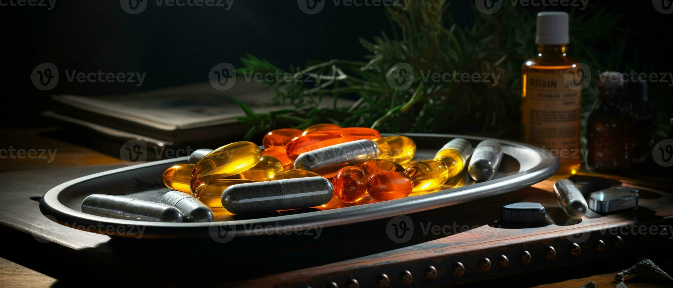 The pharmaceutical drug-medicine pills capsules in silver tray. used for relieving sickness, food supplement, top view, AI Generative photo