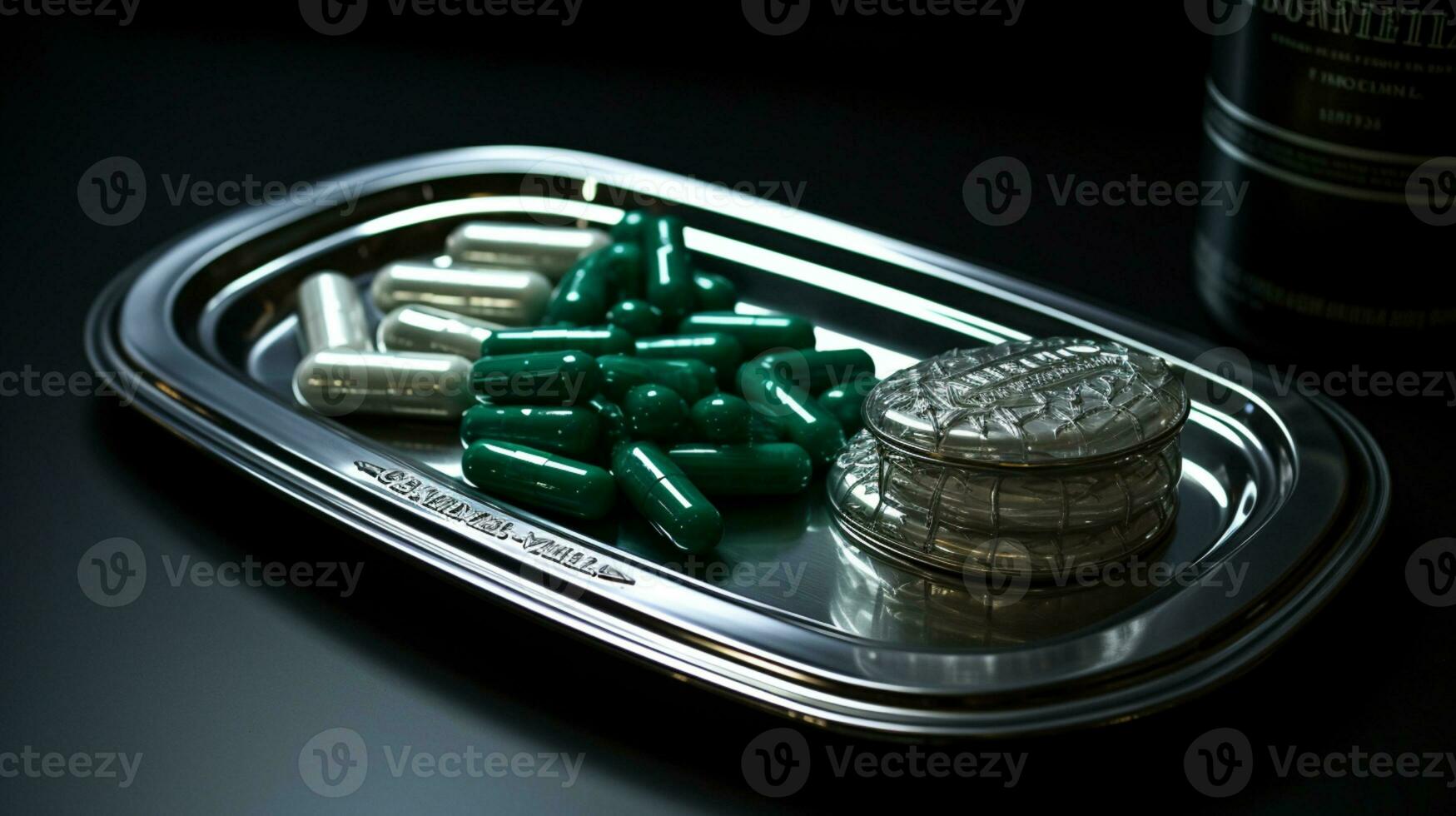 el farmacéutico droga-medicina pastillas cápsulas en plata bandeja. usado para alivio enfermedad, comida suplemento, parte superior vista, ai generativo foto