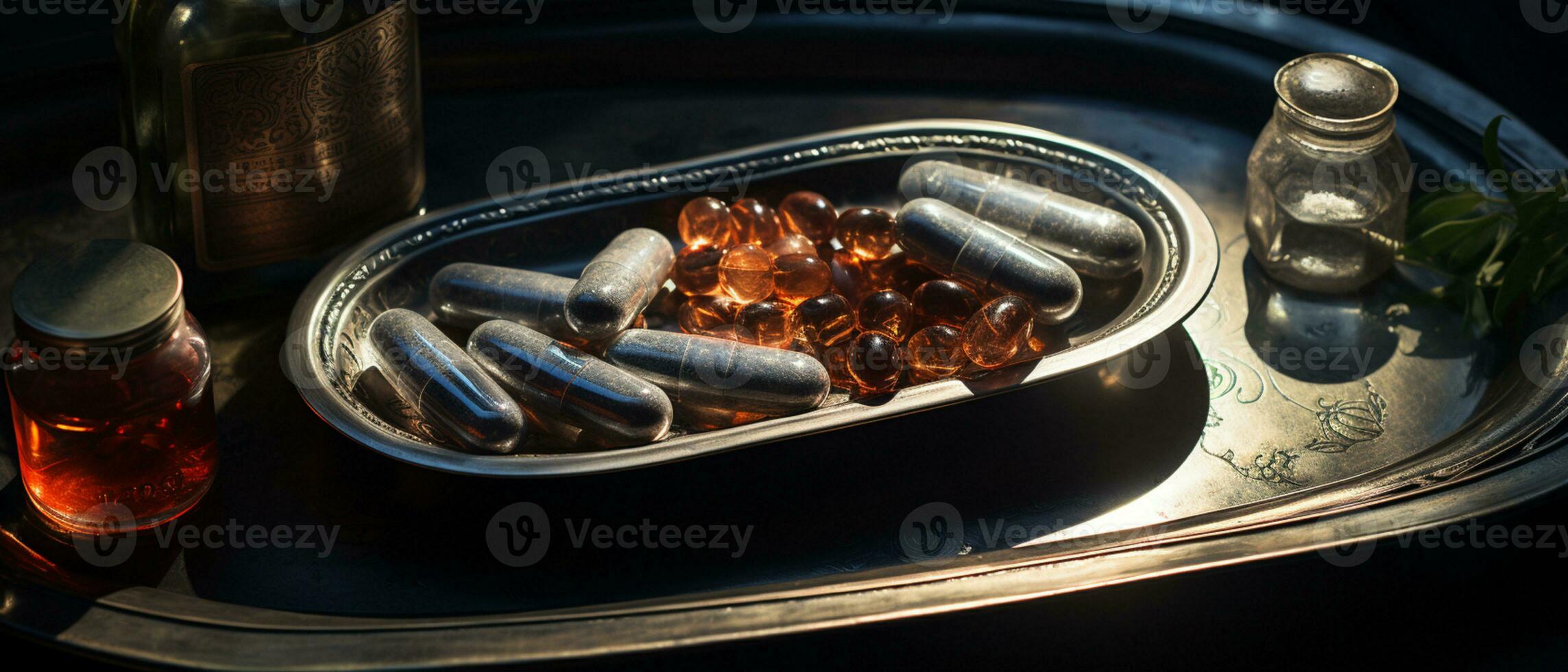 The pharmaceutical drug-medicine pills capsules in silver tray. used for relieving sickness, food supplement, top view photo
