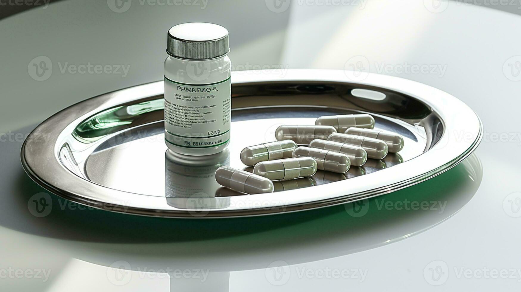 el farmacéutico droga-medicina pastillas cápsulas en plata bandeja. usado para alivio enfermedad, comida suplemento, parte superior vista, ai generativo foto