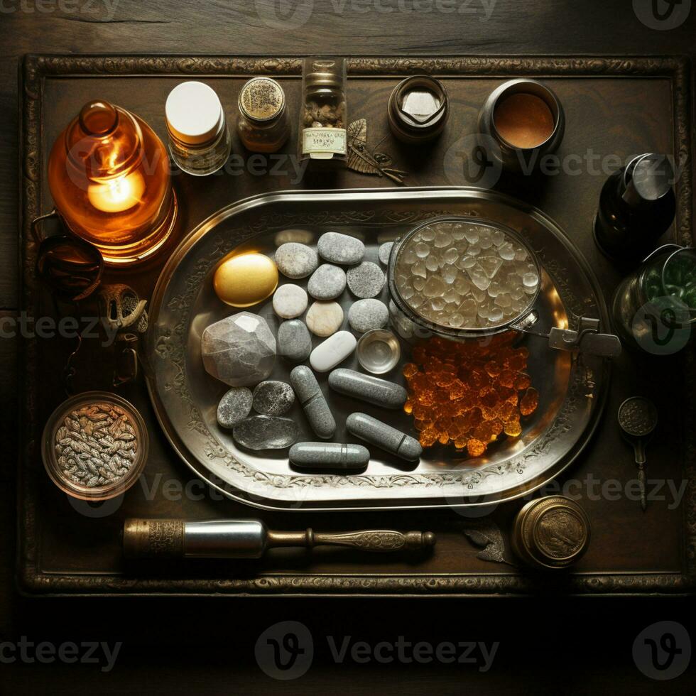 el farmacéutico droga-medicina pastillas cápsulas en plata bandeja. usado para alivio enfermedad, comida suplemento, parte superior vista, ai generativo foto