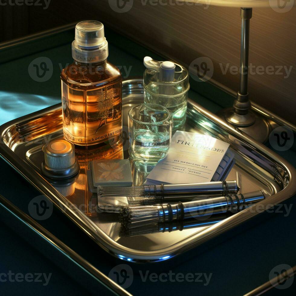 The pharmaceutical drug-medicine in silver tray. used for relieving sickness, food supplement, top view, AI Generative photo