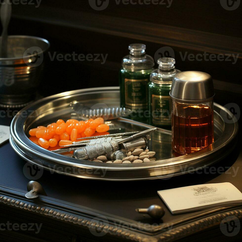 The pharmaceutical drug-medicine pills capsules in silver tray. used for relieving sickness, food supplement, top view, AI Generative photo