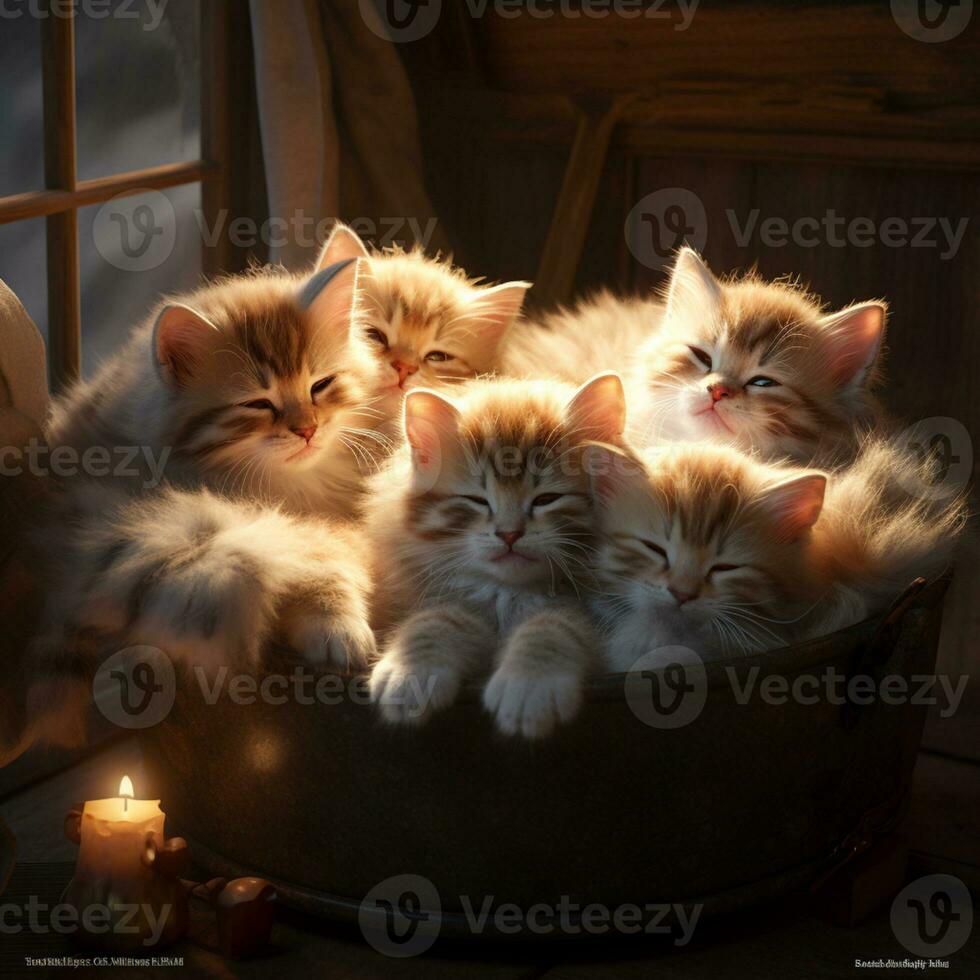 peacefully sleeping baby cat, cozy cute kitten napping, AI Generative photo