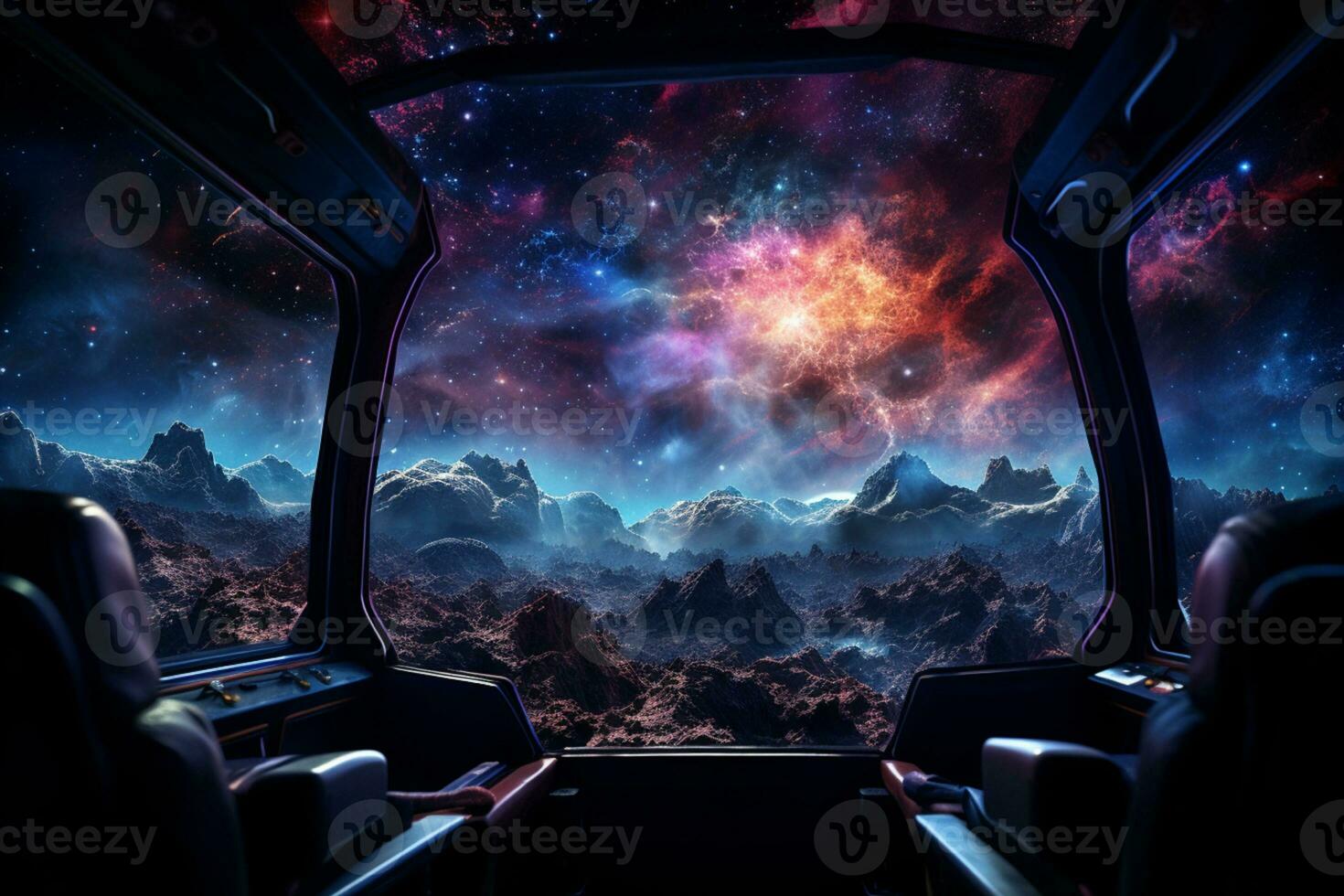Futuristic Cockpit of spaceship control system room with planets view scenery, Outer space, astronaut. Planet horizon, AI Generative photo