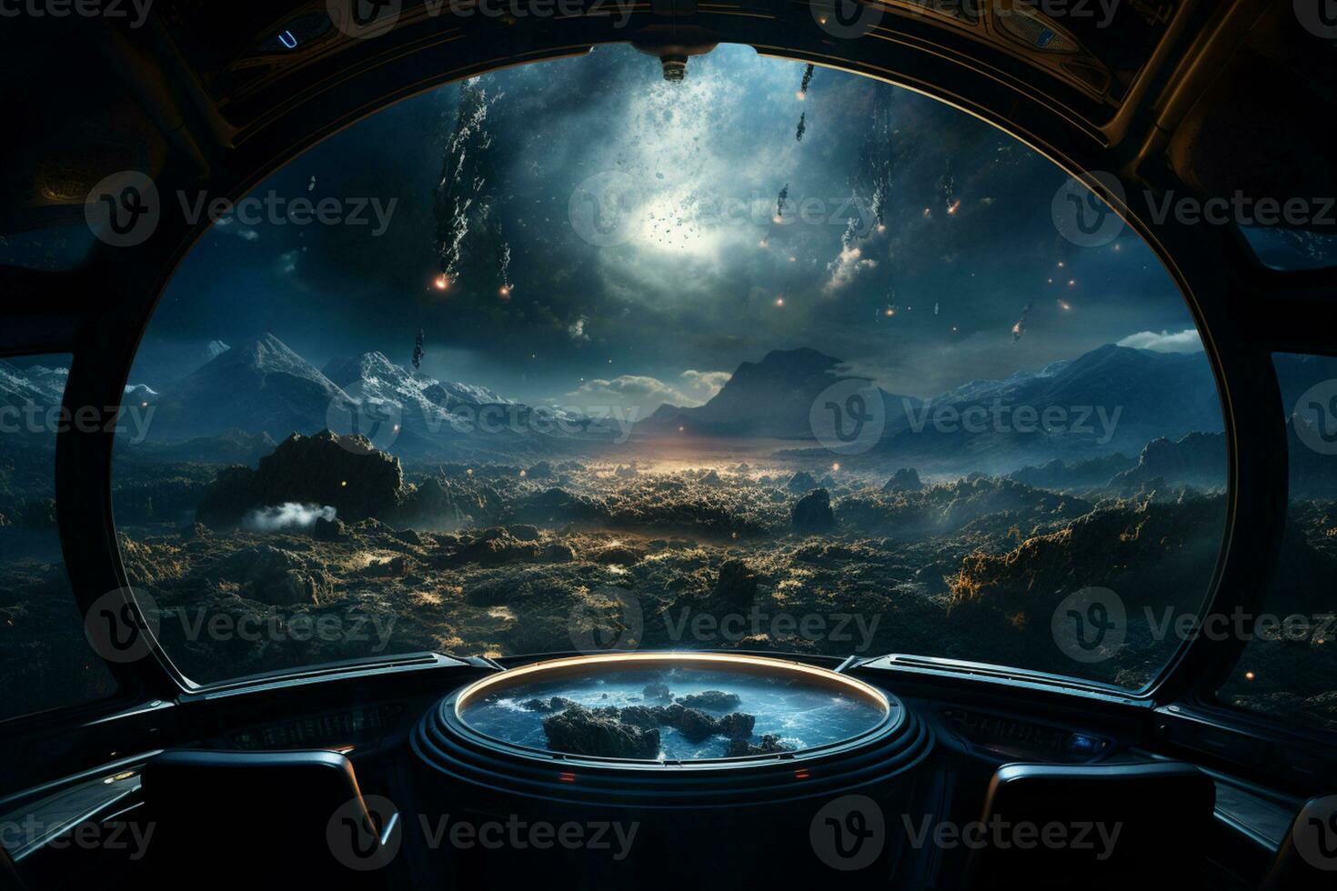 Futuristic Cockpit of spaceship control system room with planets view scenery, Outer space, astronaut. Planet horizon, AI Generative photo