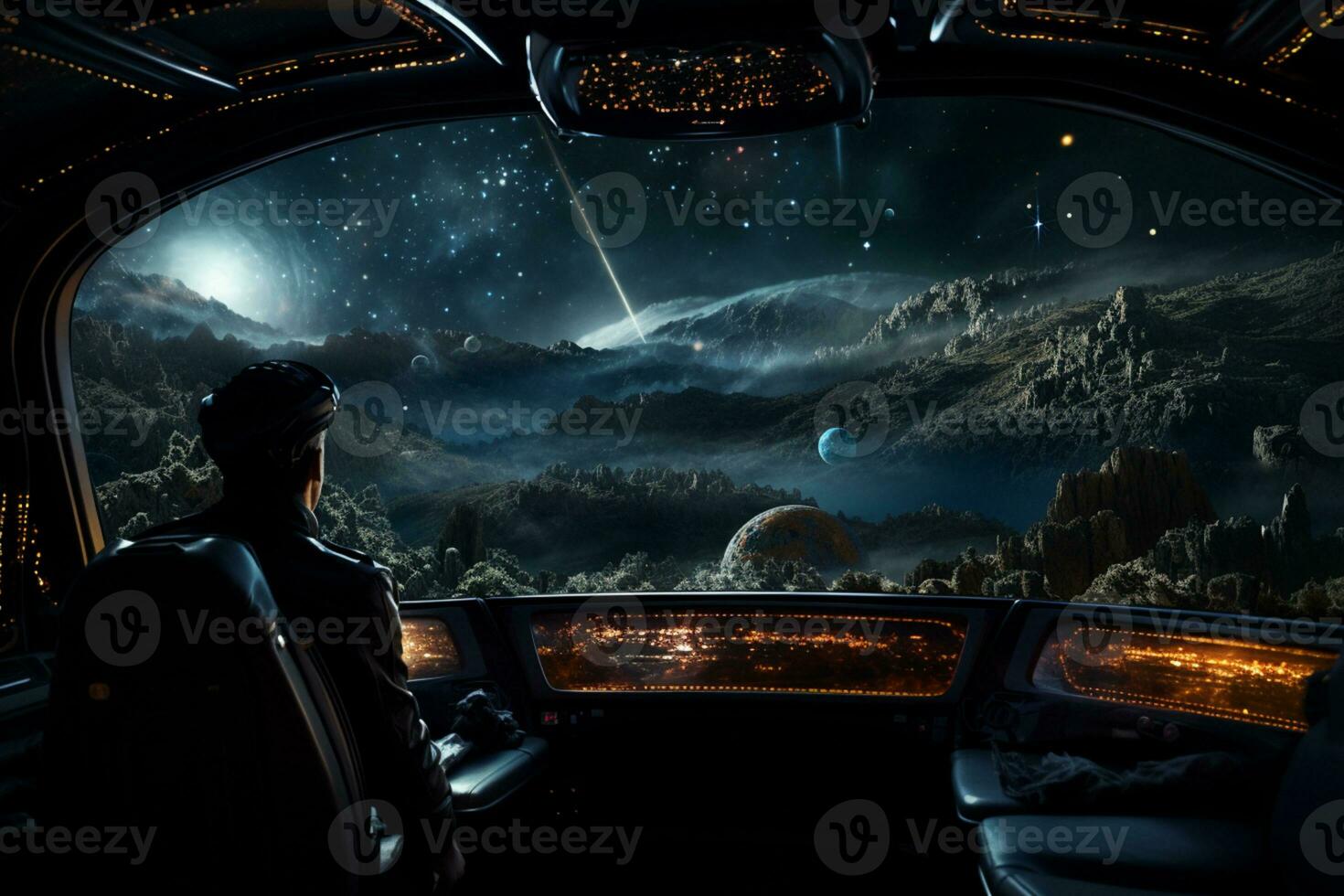 Futuristic Cockpit of spaceship control system room with planets view scenery, Outer space, astronaut. Planet horizon, AI Generative photo