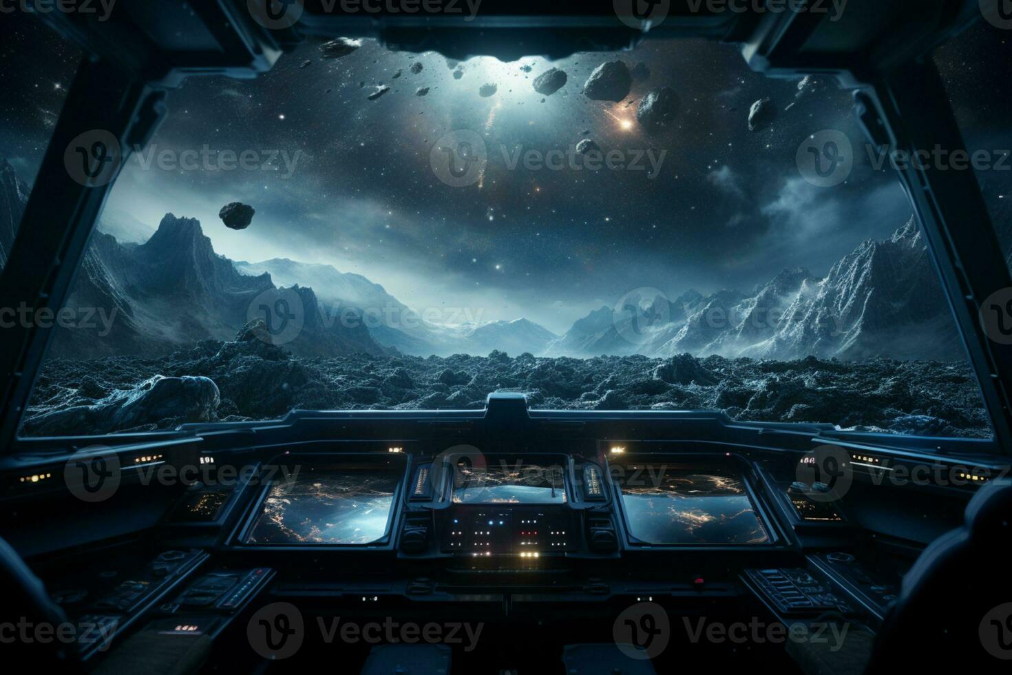 Futuristic Cockpit of spaceship control system room with planets view scenery, Outer space, astronaut. Planet horizon, AI Generative photo