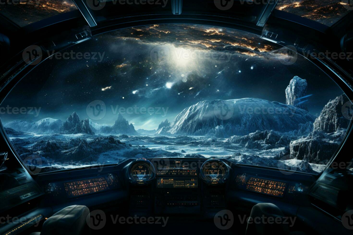 Futuristic Cockpit of spaceship control system room with planets view scenery, Outer space, astronaut. Planet horizon, AI Generative photo