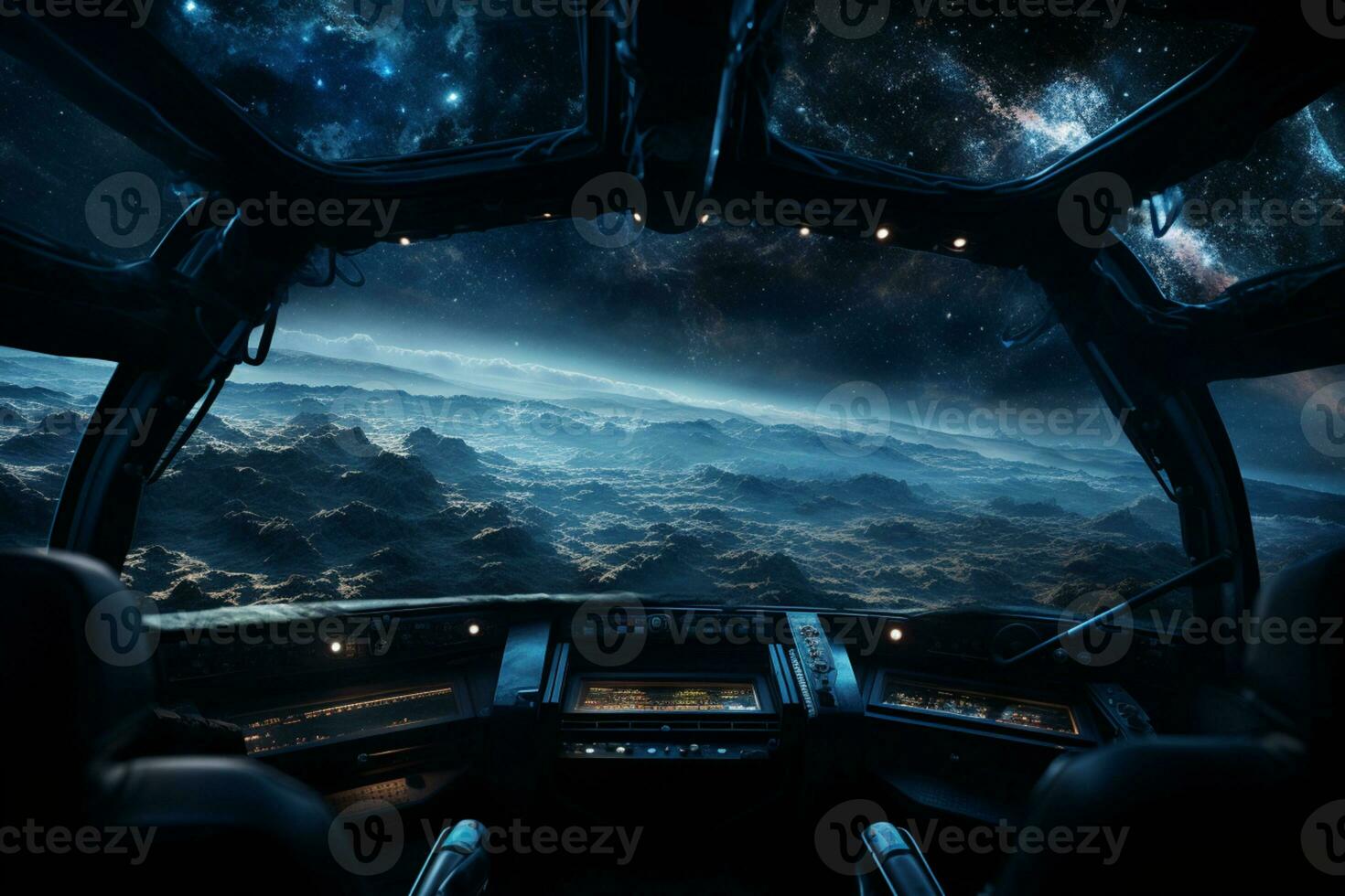 Futuristic Cockpit of spaceship control system room with planets view scenery, Outer space, astronaut. Planet horizon, AI Generative photo