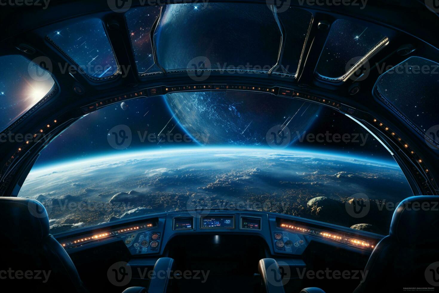 Futuristic Cockpit of spaceship control system room with planets view scenery, Outer space, astronaut. Planet horizon, AI Generative photo