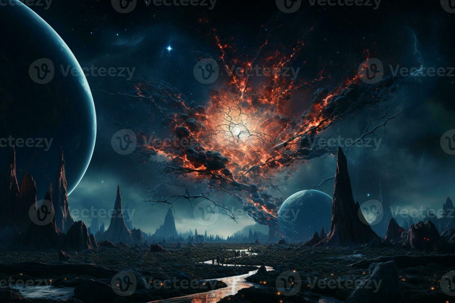 Futuristic Cockpit of spaceship control system room with planets view scenery, Outer space, astronaut. Planet horizon, AI Generative photo
