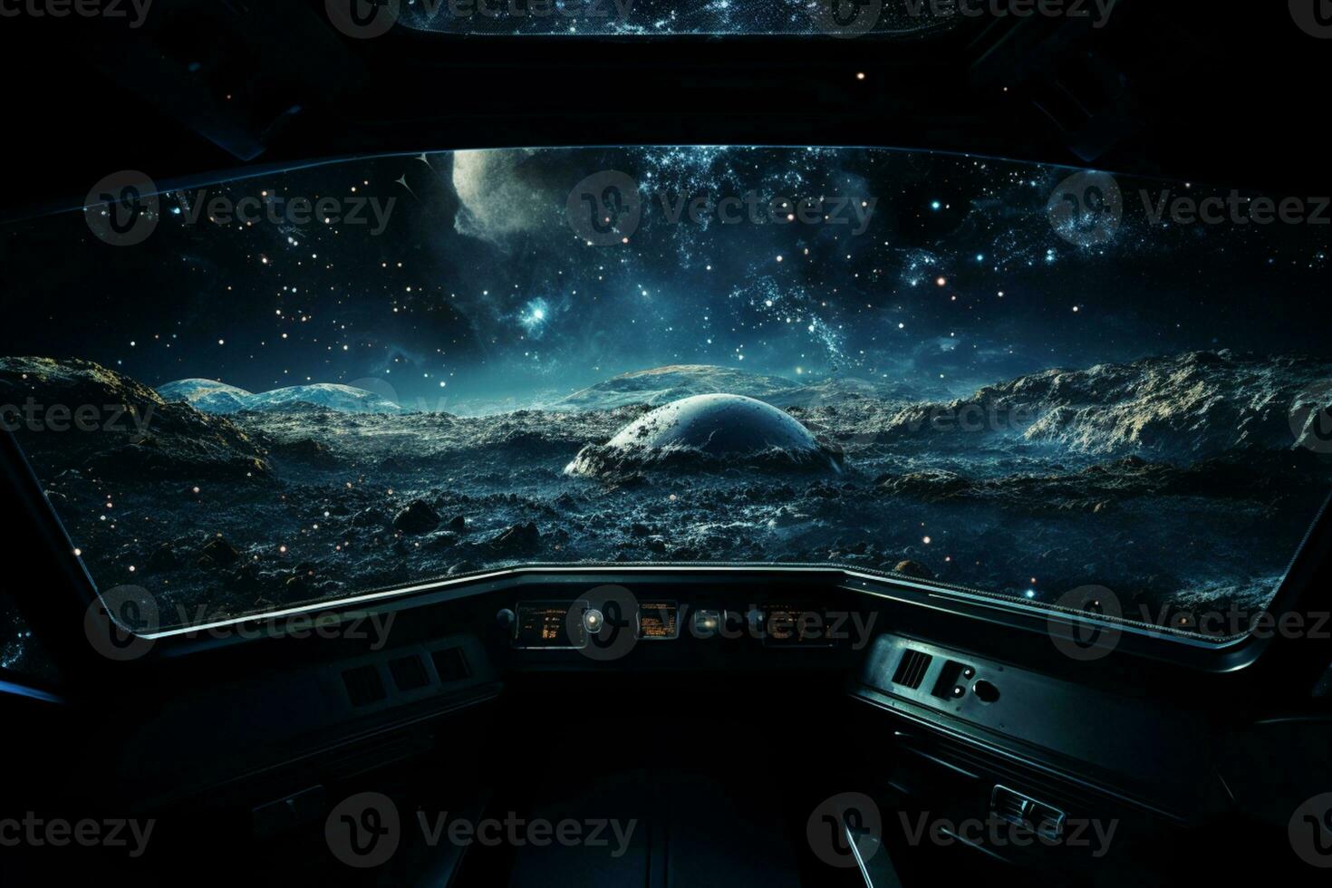 Futuristic Cockpit of spaceship control system room with planets view scenery, Outer space, astronaut. Planet horizon, AI Generative photo