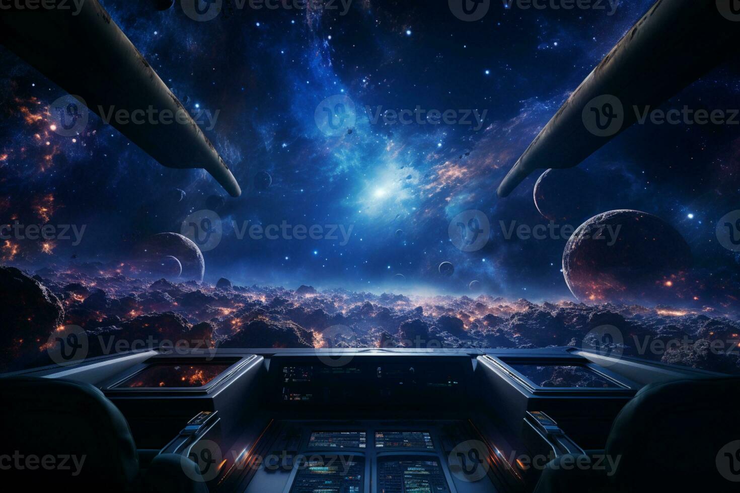 Futuristic Cockpit of spaceship control system room with planets view scenery, Outer space, astronaut. Planet horizon, AI Generative photo