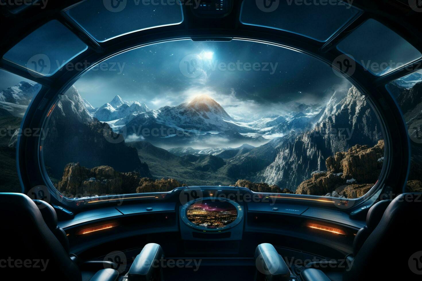 Futuristic Cockpit of spaceship control system room with planets view scenery, Outer space, astronaut. Planet horizon, AI Generative photo