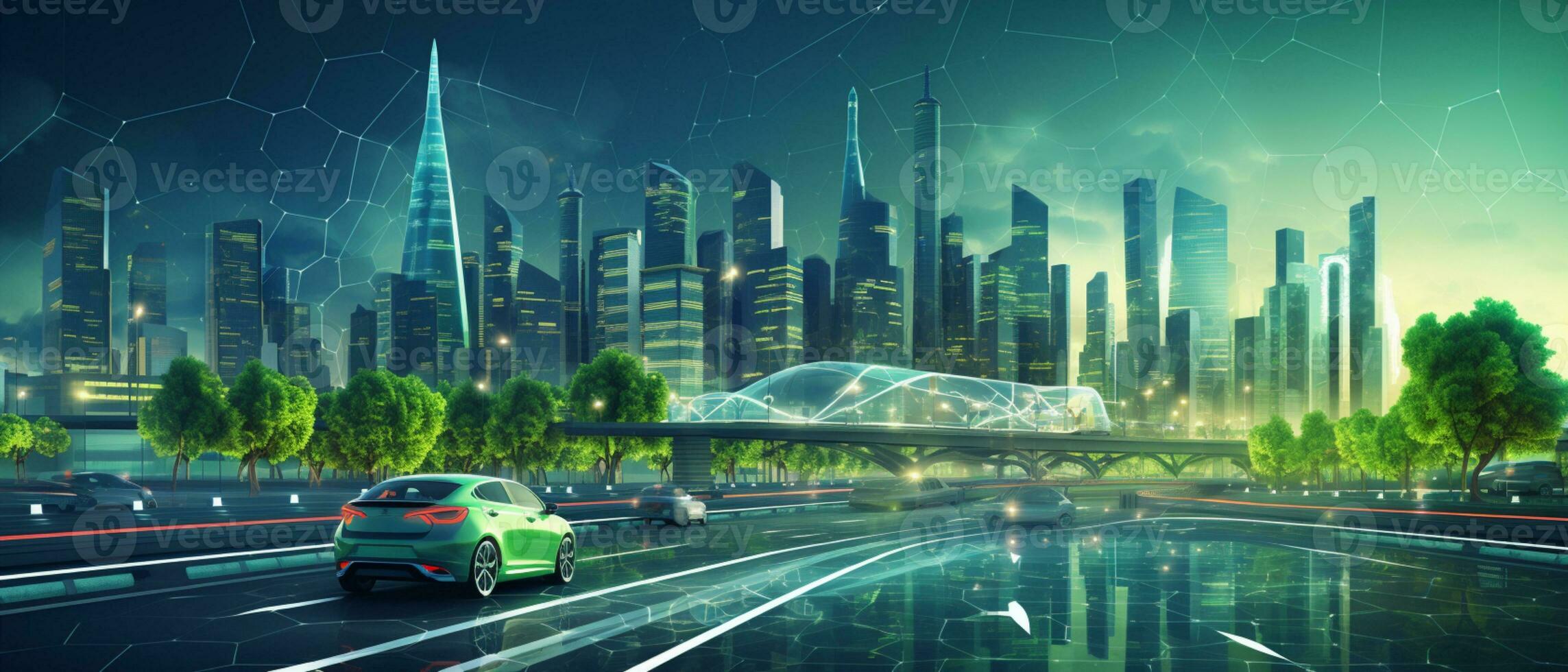Smart city Futuristic cityscape with light trails connect with wave line creative design, big data connection technology concept, Digital skyline, AI Generative photo