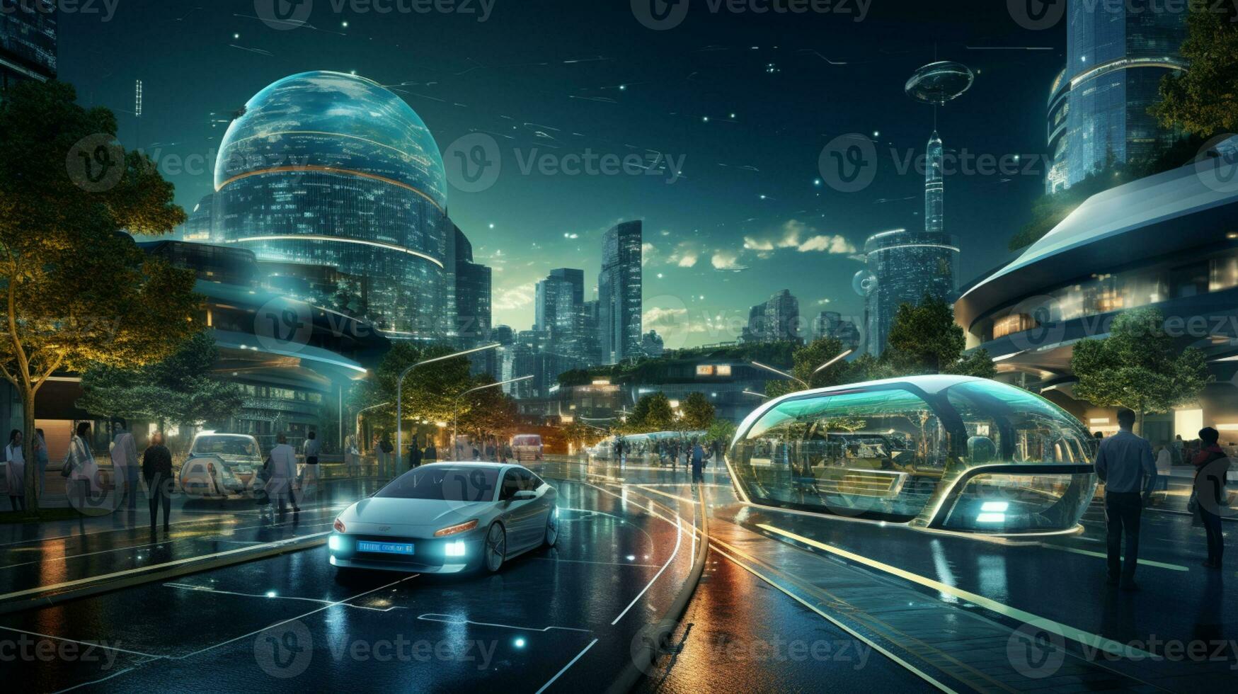 Smart city Futuristic cityscape with light trails connect with wave line creative design, big data connection technology concept, Digital skyline, AI Generative photo