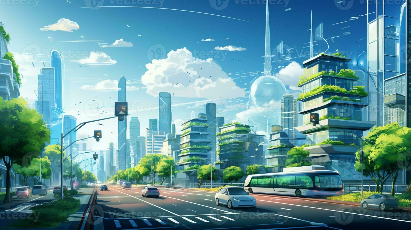 Smart city Futuristic cityscape with light trails connect with wave line creative design, big data connection technology concept, Digital skyline, AI Generative photo