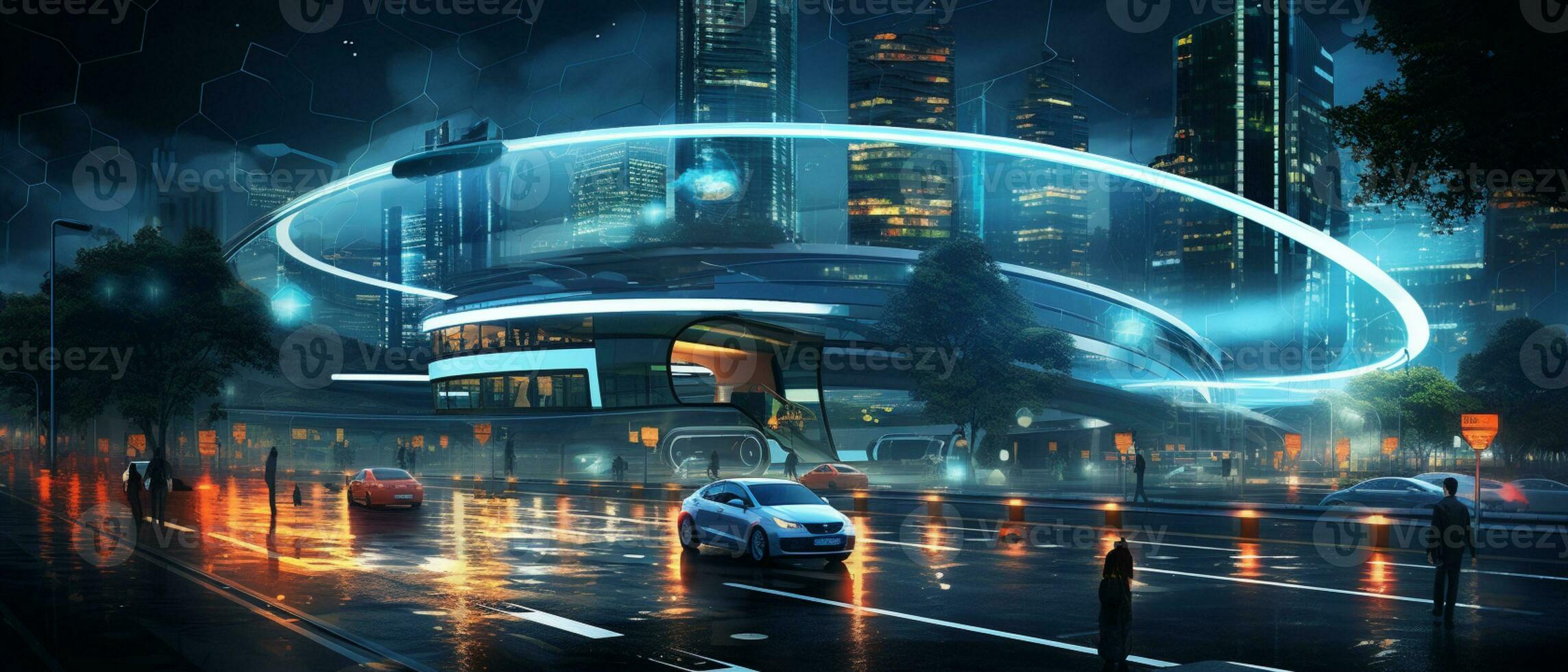 Smart city Futuristic cityscape with light trails connect with wave line creative design, big data connection technology concept, Digital skyline, AI Generative photo