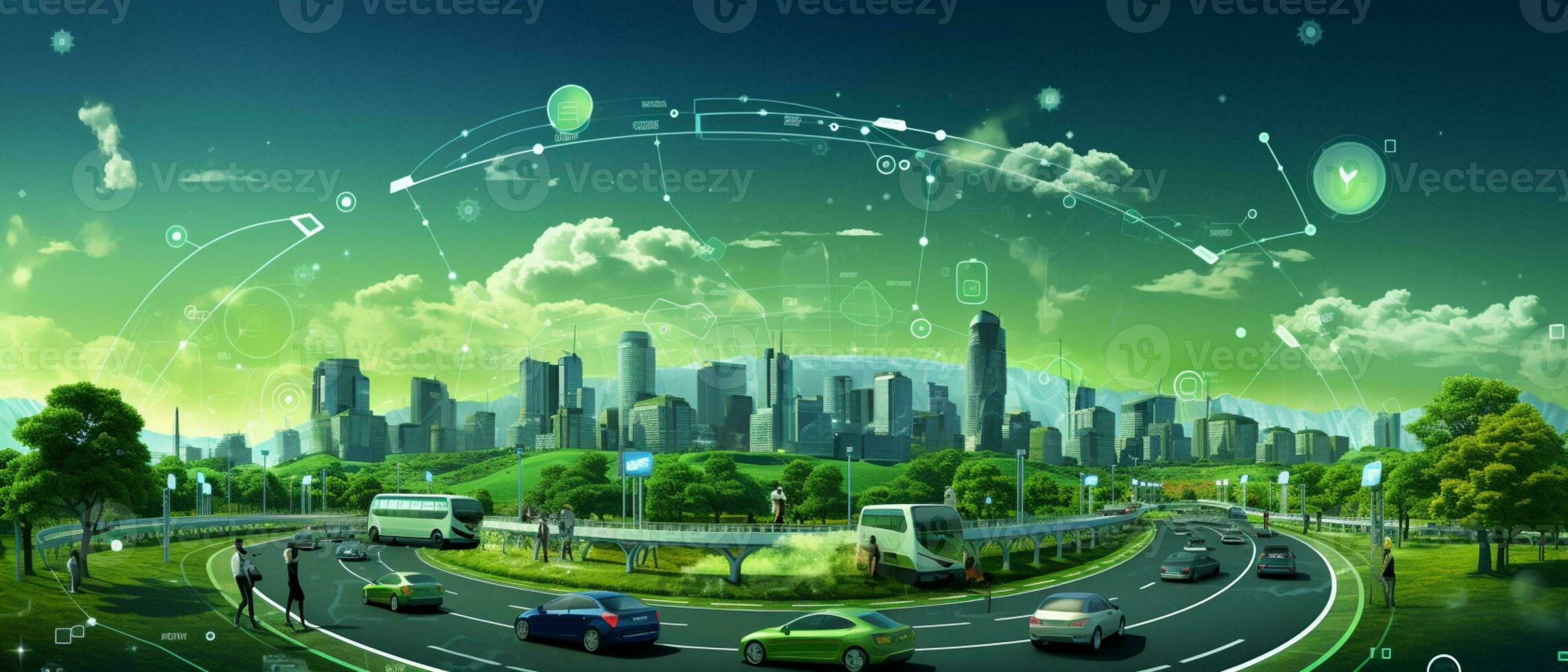 Smart city Futuristic cityscape with light trails connect with wave line creative design, big data connection technology concept, Digital skyline, AI Generative photo
