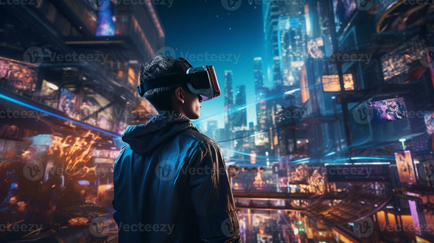 Young generation wearing VR Headset immerse in game simulator-metaverse and fantasy world, futuristic technology abstract shape, AI Generative photo