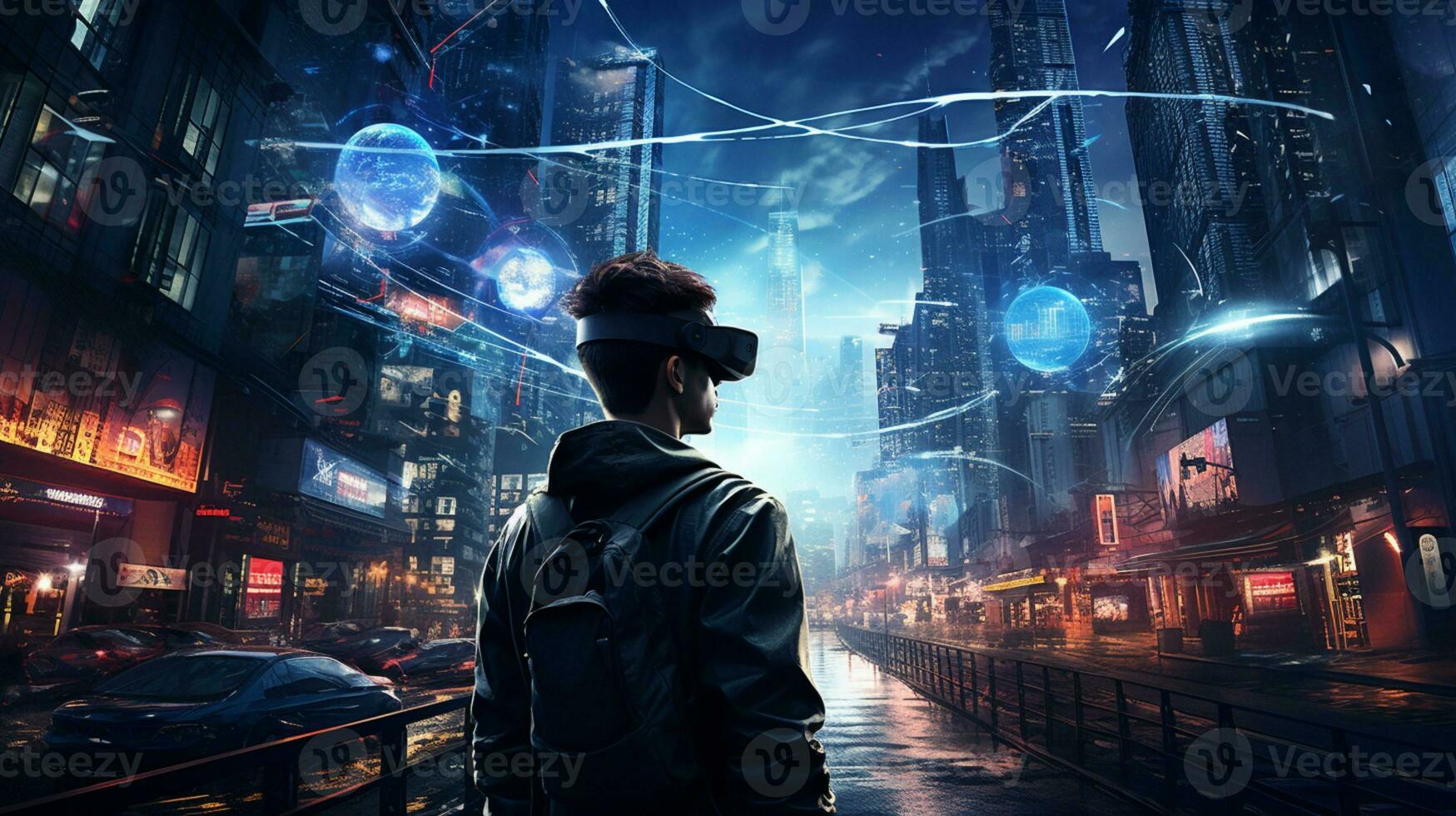 Young generation wearing VR Headset immerse in game simulator-metaverse and fantasy world, futuristic technology abstract shape, AI Generative photo